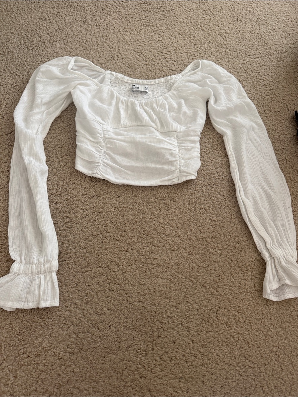 Hollister White Smocked Long-Sleeve Crop Top